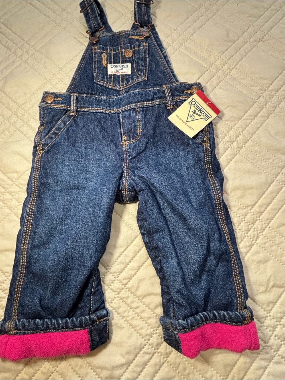 OshKosh B'gosh 9M Denim Overalls with Pink Fleece Lining
